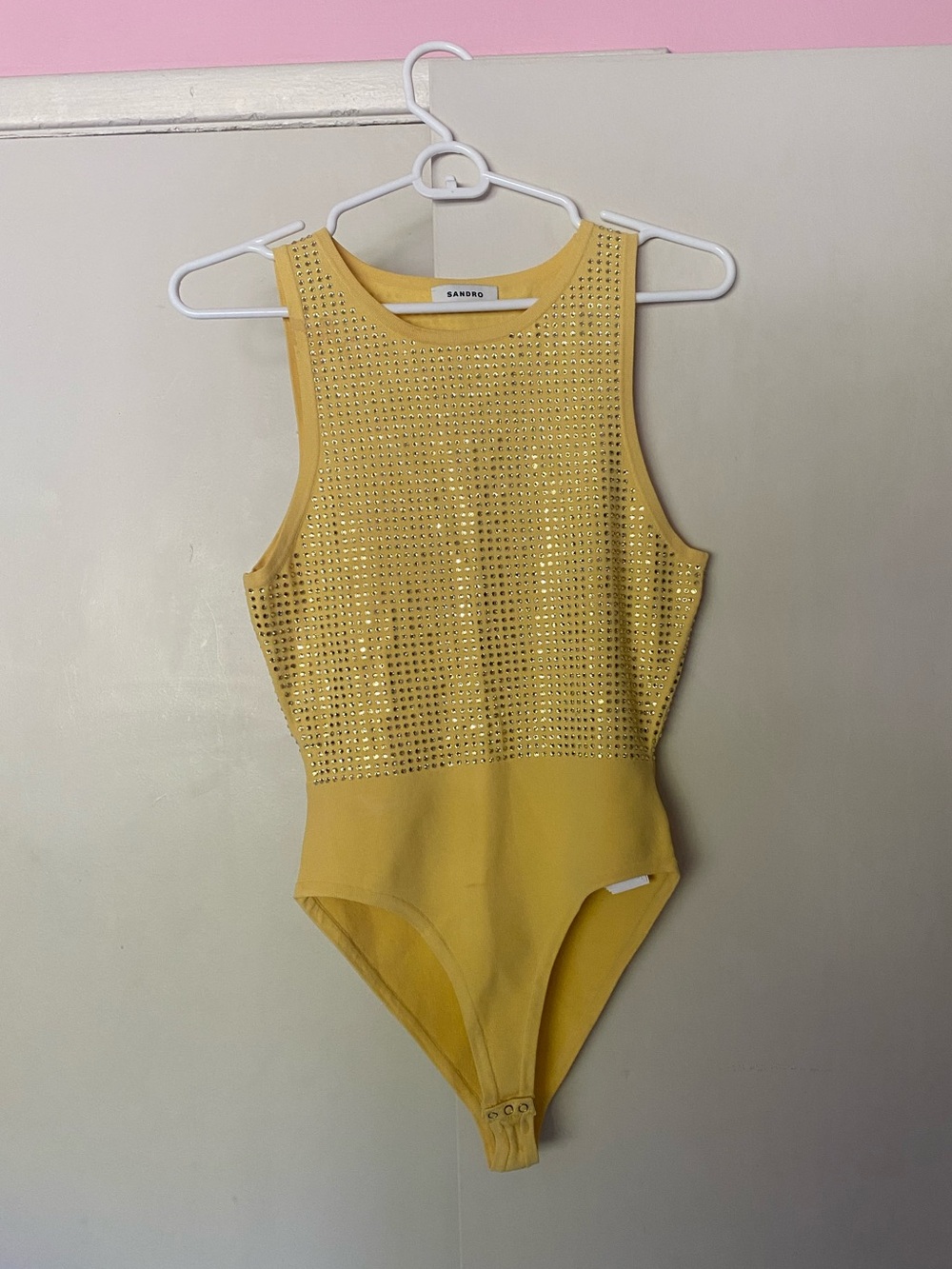 Sandro Yellow Embellished Bodysuit — no size listed but prob XS